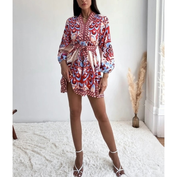 Boho Lantern Sleeves Belted Dress - Picture 4 of 7